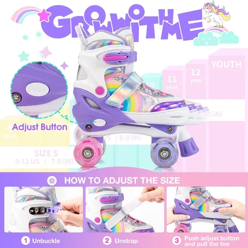 Miniatura 6 de SULIFEEL Patines ajustables Rainbow Unicorn para niñas, tamaño mediano y SULIFEEL para niños, talla S