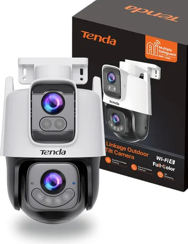 Tenda Cámara para exteriores Wi-Fi 2K+2K, cámara de vigilancia PTZ de 360° con lente dual, seguimiento automático FHD, IP65 impermeable, visión