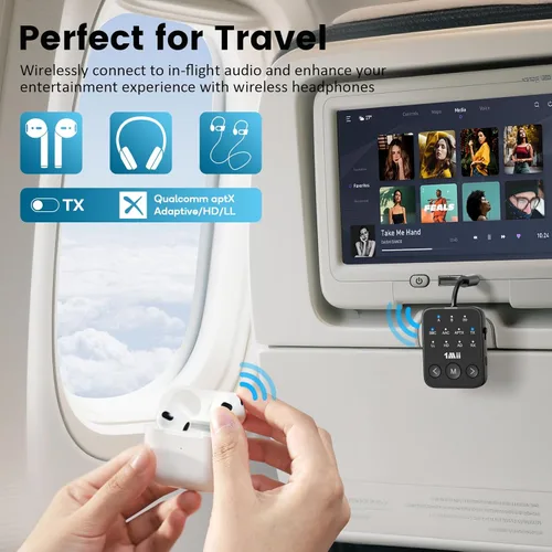 Miniatura 3 de 1Mii Receptor transmisor Bluetooth 5.3, doble enlace para 2 auriculares, aptX adaptativo/HD de baja latencia, conector AUX de 0.138 in adaptador