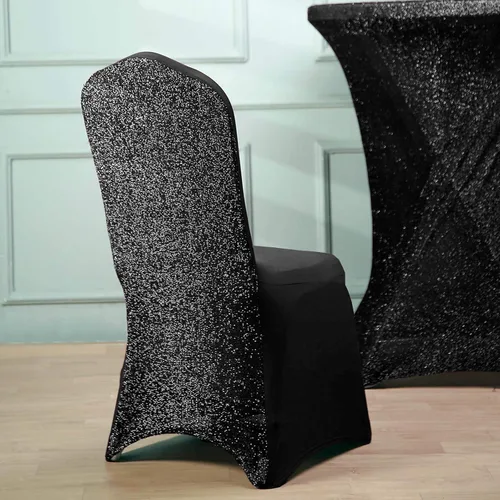 Miniatura 10 de Tableclothsfactory Funda elástica para silla de banquete de elastano negro con brillo metálico para eventos de comedor para banquete de boda