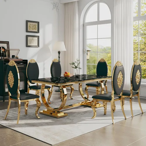 Miniatura 19 de Juego de mesa de comedor de 7 piezas, mesa de cocina de lujo de mármol sintético blanco de 70 pulgadas y 6 sillas copetudas de terciopelo beige