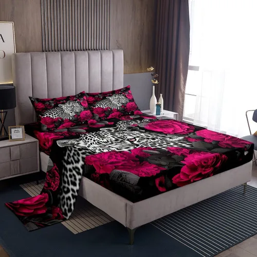 Miniatura 43 de Erosebridal Sábanas de cama de guepardo con rosa roja, juego de sábanas de bolsillo profundo con estampado de leopardo y gato, sábana bajera