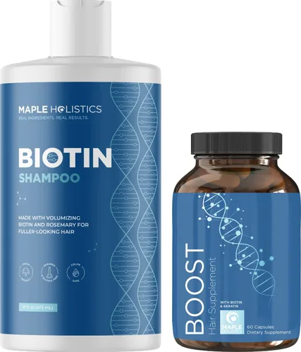 Biotin Champú voluminizador para cabello fino y adelgazante, sin sulfato con aceites de árbol de té y romero, además de vitaminas para el cabello,