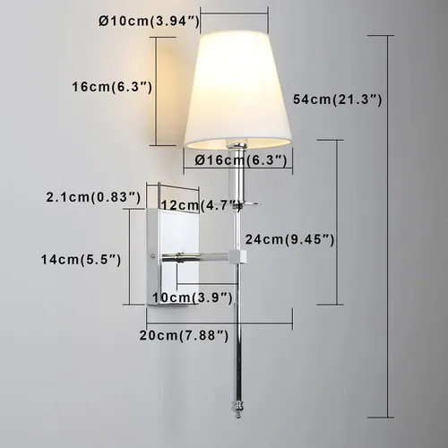 Miniatura 2 de PERMO Aplique de pared industrial rústico clásico individual con pantalla textil blanca acampanada y soporte de columna cónico cromado