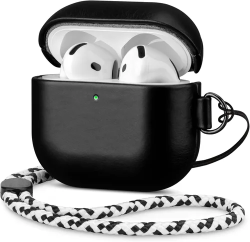 Miniatura 28 de Maogoam Funda de cuero genuino para AirPods Pro 2, botón de sincronización, diseño de clip en D con cordón de mano, funda de cuero encerado