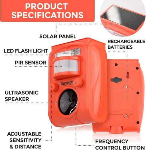 Miniatura 2 de Repelente solar de animales para exteriores, disuasorio ultrasónico activado por movimiento con luz intermitente, defensa de jardín humana