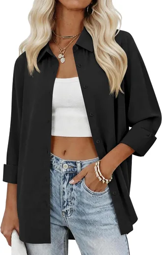 siliteelon Camisas con botones para mujer, camisas de vestir sólidas, de manga larga, cuello fluido, para trabajo, oficina, negocios, blusas de gasa