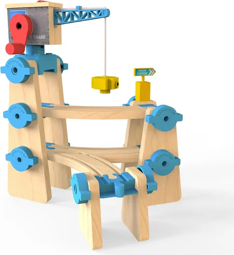 Miniatura 4 de Juego de construcción de pistas de tren de madera, 115 piezas, juguetes modulares STEM ferroviarios, paquete de expansión #3 Construye grúa torre