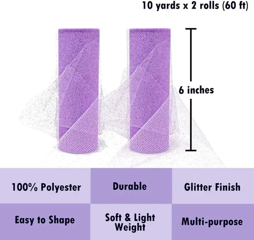 Miniatura 2 de Rollo de tul con purpurina de 6 pulgadas por 50 yardas (150 pies), carrete de tul de tela lavanda para arco de tutú de bricolaje, boda y decoración.