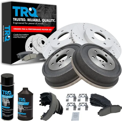TRQ Pastillas y rotor de freno delantero y trasero, kit de zapata y tambor de cerámica de alto rendimiento con revestimiento en G ranurado X