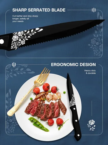 Miniatura 3 de EUIRIO Juego de cubiertos dorados de 24 piezas con cuchillos para carne, juego de cubiertos de acero inoxidable para 4, cubiertos dorados con láser
