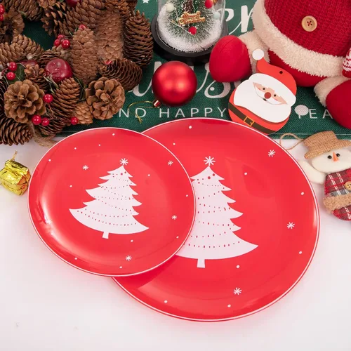 Miniatura 4 de Platos de plástico de Navidad WDF 50 piezas - Platos de plástico rojos y blancos con árbol de Navidad incluyen 25 platos para cena, 25 platos