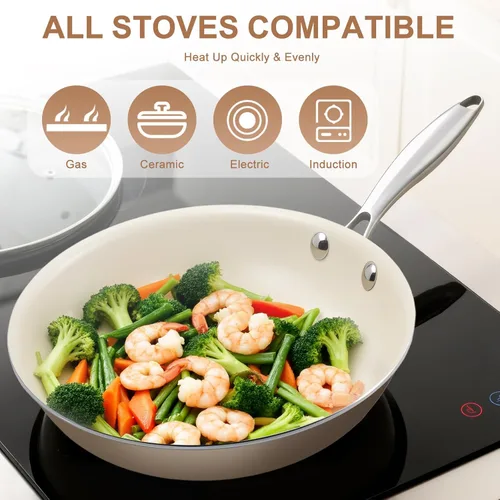 Miniatura 7 de Sartén antiadherente de cerámica de 10.25 pulgadas, sin PFAS, no tóxica, apta para horno e inducción, utensilio de cocina de aluminio con mango