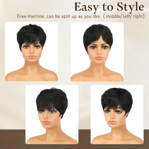 Miniatura 3 de RUWISS Peluca de cabello humano con corte Pixie, peluca de cabello humano con flequillo, peluca negra corta natural en capas, ondulada, diferentes