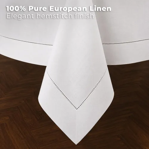 Miniatura 2 de D'Moksha Homes Mantel de lino blanco para mesas rectangulares de 60 x 84 pulgadas – Mantel de lino blanco 100% puro con vainica clásica – Mantel