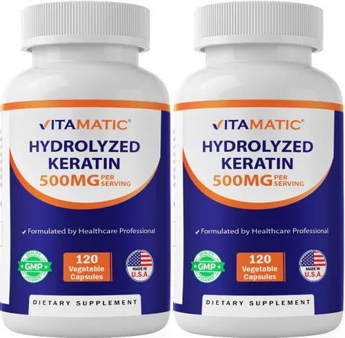 Vitamatic Queratina hidrolizada de 500 mg por porción – 120 cápsulas vegetarianas – Suplementos de queratina para cabello sano, piel y uñas para