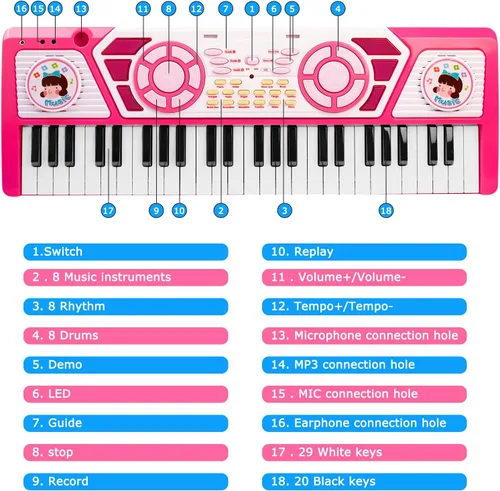 Miniatura 4 de Juguetes para niñas de 3 años en adelante: Regalo de 49 teclas Teclado de piano para niños, juguete de instrumento musical educativo multifuncional