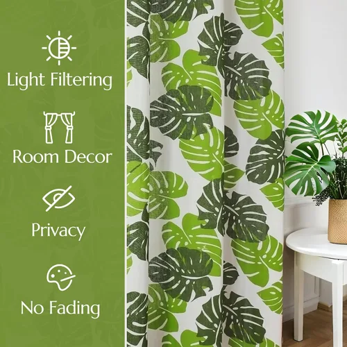 Miniatura 4 de BROSHAN Cortinas blancas y verdes para dormitorio, cortinas de ventana de hojas de plantas tropicales, 2 paneles de 78 pulgadas de largo, cortinas