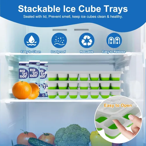 Miniatura 2 de Bandeja para cubitos de hielo, bandejas para cubitos de hielo para congelador, paquete de 3 con tapas, bandeja de hielo de fácil liberación, Verde