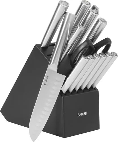 Miniatura 10 de Babish - Juego de cubertería de acero alemán de alto carbono 1.4116, 15 piezas, forjado de espiga completa, con bloque de cocina - Negro Hoja