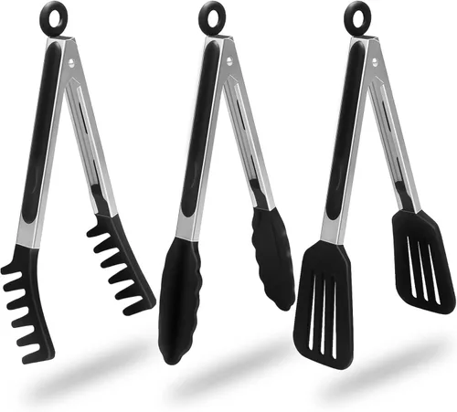 HST Pinzas para cocinar con puntas de silicona (paquete de 3), pinzas de cocina antiadherentes con punta de silicona para cocinar barbacoa hornear