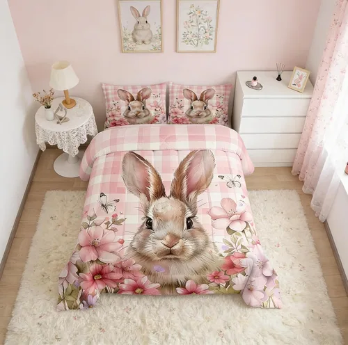 Miniatura 8 de Feelyou Juego de ropa de cama de conejo para niños, tamaño individual, juego de edredón de conejo para niñas y mujeres, edredón de plumón verde