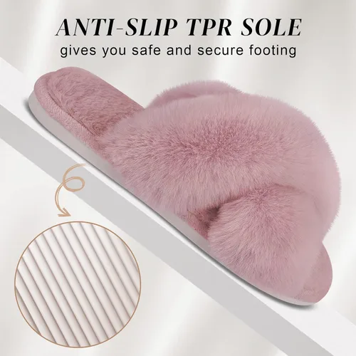 Miniatura 4 de Parlovable Women's Cross Band Slippers Fuzzy Soft House Slippers Plush Furry Warm Cozy Open Toe Fluffy Home Shoes Comfy Indoor Outdoor Slip On