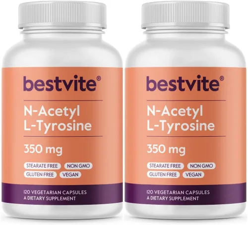 BESTVITE N-acetil L-tirosina 350mg (NALT) (240 cápsulas) (120 x 2) - Sin estearatos - Sin OMG - Sin gluten