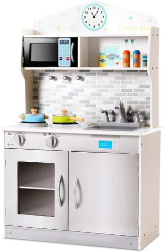 HONEY JOY Juego de cocina para niños, cocina de simulación para niños pequeños, fregadero y grifo removibles, microondas, utensilios de cocina,