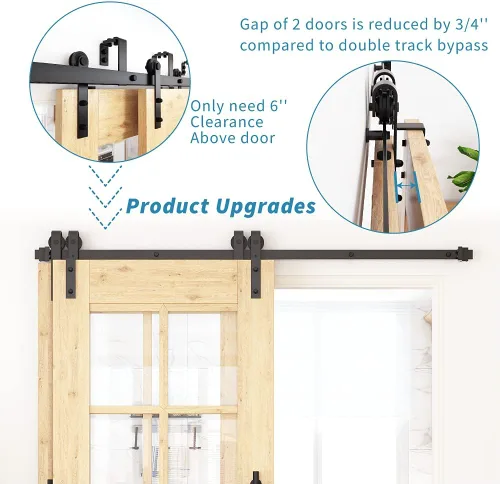 Miniatura 4 de ZEKOO Kit de Herrajes para Puerta de Granero Bypass de 5 Pies, Riel Único, Uso para Puertas de Madera Dobles, Rodillo de Riel Plano, Techo Bajo