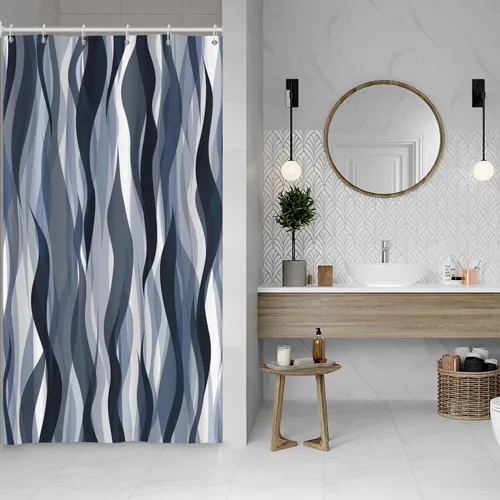 Miniatura 16 de Cortina de ducha moderna de rayas abstractas negras, blancas y grises, cortina de ducha para decoración de baño geométrica, impermeable, decorativa