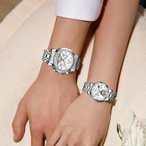 Miniatura 4 de OLEVS Relojes de pareja para hombres y mujeres, reloj automático para él y ella, tono de remolque, de acero inoxidable, impermeable, luminoso