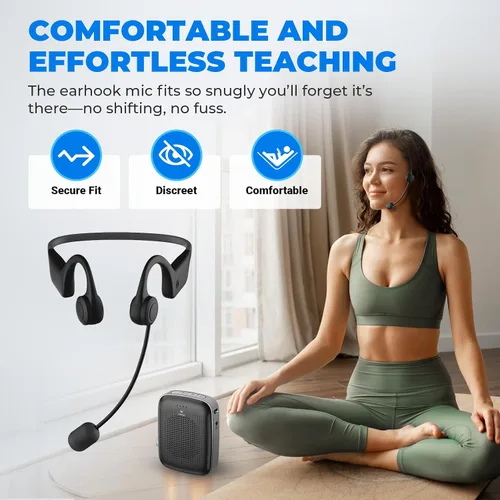 Miniatura 2 de Amplificador de voz con micrófono inalámbrico con gancho para la oreja, mini megáfono portátil de 15 W con micrófono Bluetooth fácil y batería larga