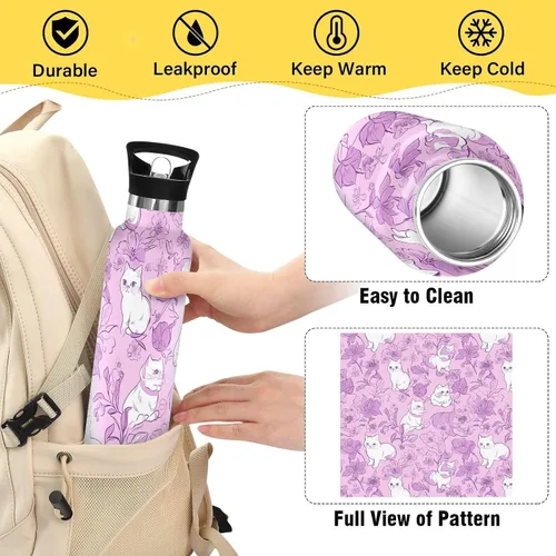 Miniatura 4 de Art Exotic Shorthair Cats Pink Double Wall Vacuum Insulated Bottles Water Bottles With Straws Leak-proof BPA-Free Leak Proof for Gym Sports