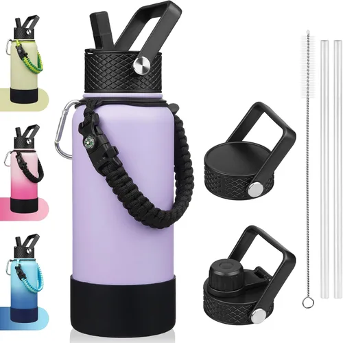 Miniatura 41 de BJPKPK - Botella de agua con tapa de popote, botellas de agua aisladas de 18 onzas con 3 tapas, asa de cuerda de paracaídas y base antideslizante