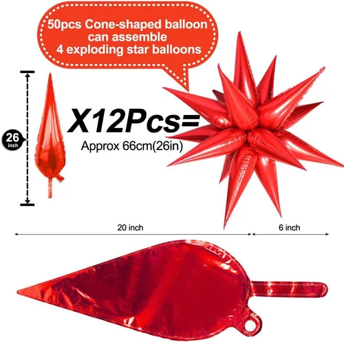 Miniatura 2 de 50 globos de papel de aluminio rojo con forma de cono de estrella – globos de Mylar de explosión de 26 pulgadas, 12 puntos 3D Starburst para 26
