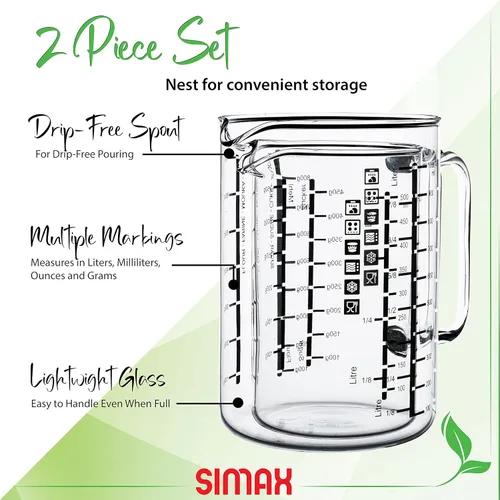 Simax Vaso medidor de vidrio, vidrio de borosilicato duradero, paquete de 2 incluye 32 onzas y 16 onzas, medidas métricas fáciles de leer en litros,