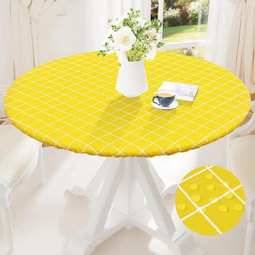 Miniatura 10 de Mantel redondo de vinilo de 36 a 44 pulgadas, mantel elástico impermeable con reverso de franela, mantel de plástico para picnic, campamento, al Café
