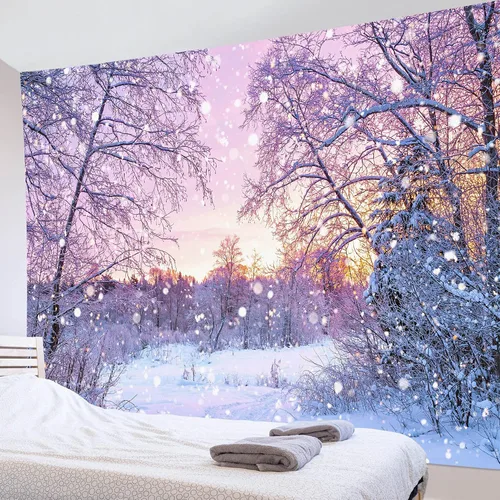 Miniatura 20 de HVEST Tapiz de bosque de invierno para colgar en la pared, montaña, nieve y pino, exterior, ventana de Navidad, arte de pared, tapiz de invierno