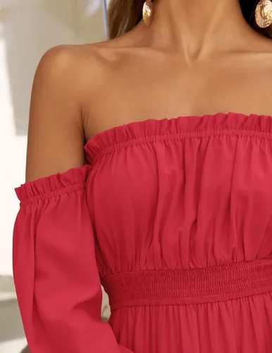 Miniatura 30 de ZESICA - Vestido largo, bohemio y sexy, con hombros descubiertos y manga larga fruncida, con elástico fruncido, cintura alta y abertura lateral