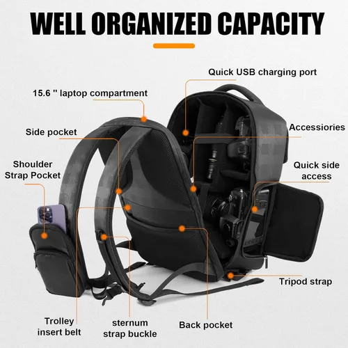 Miniatura 2 de Cwatcun Mochila para Cámara Impermeable Bolsa para Cámara, Bolsa Multifuncional de Fotografía de Viaje Estuche para Cámara con Compartimento