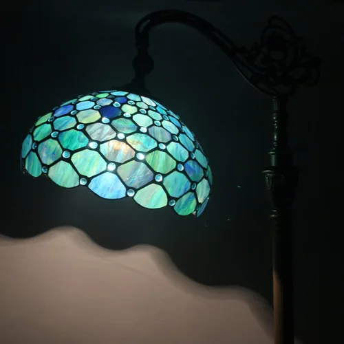 Miniatura 4 de Lámpara de Pie Tiffany de Vidrio Emplomado 18.88X12X67 Pulgadas Ángulo Ajustable Cuello de Ganso Arqueado Luz de Lectura Antigua (Perla Azul Marino)