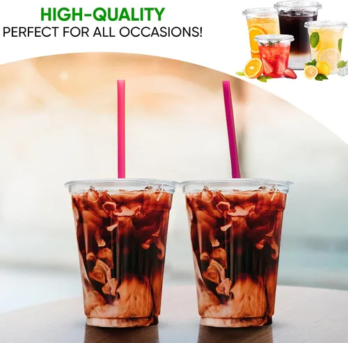 Miniatura 4 de Green Direct Vasos de plástico ultra transparentes con tapas planas para café helado, batido de té Boba (100, 10 onzas)