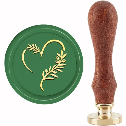 CRASPIRE Sello de cera de corazón de hoja de olivo de 1.181 in – Cabeza de latón extraíble retro vintage con mango de madera para invitaciones de