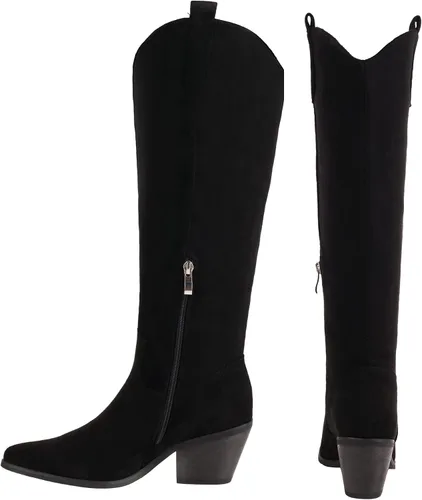 Miniatura 7 de Reitoye Botas vaqueras para mujer, bordadas, vaquera occidental, botas de tacón alto y grueso, con pestañas para tirar