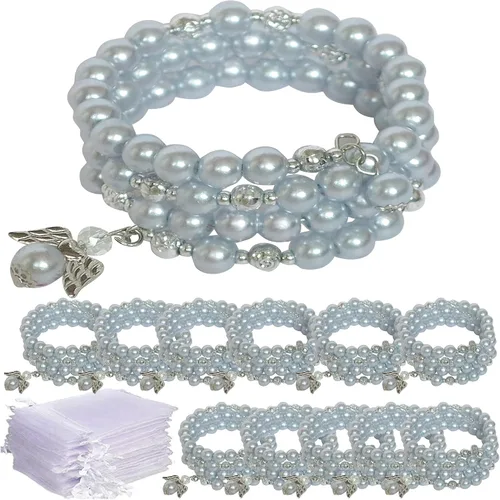 WE Rosario Wrap Angel Pulsera Cristal Perla Azul (12 Pzs) - Bautismo, Favores de Boda, Vidrio