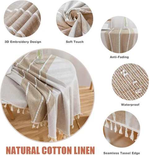 Miniatura 2 de Vonabem Mantel con borlas de algodón y lino, para cocina, comedor, sin arrugas, manteles (café, 60 pulgadas, redondo)
