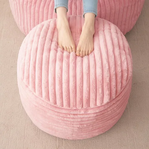 HIGOGOGO Puf redondo de relleno, pufs de piel sintética a rayas con relleno de trozos de espuma, puf peludo y esponjoso, otomano de almacenamiento,