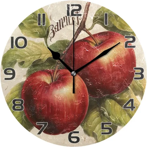 Kigai Reloj de pared vintage de manzanas, silencioso sin tictac, funciona con pilas, reloj redondo para cocina, oficina, escuela, hogar, decorativo