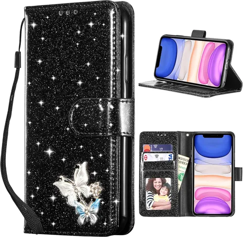 UEEBAI Funda tipo cartera para iPhone 11, funda de piel sintética con purpurina para teléfono, ranuras para tarjetas, funda con función atril,